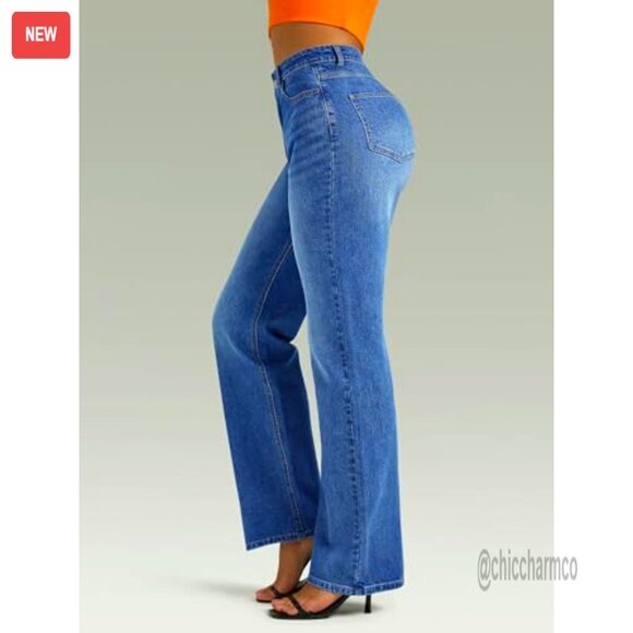 High Waisted Straight Leg Boyfriend Jeans, Wide Leg Loose Fit Denim Pants - Picture 4 of 6